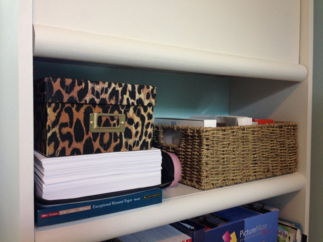 bookshelf printer paper leopard box weaved basket pink iPod player